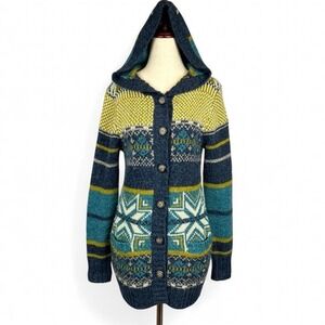 Royal Robbins Mystic Wool Blend Cardigan Sweater Womens S Hooded Fair Isle
